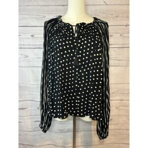 Billabong Boho Button Front Blouse S Black White Stripe Floral Cloud Print